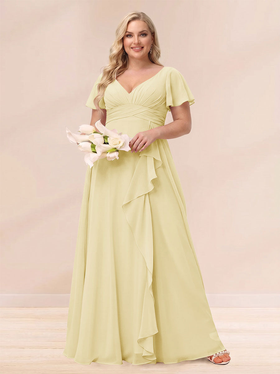 A Line Princess V Neck Long Plus size Bridesmaid Dresses with Ruffles
