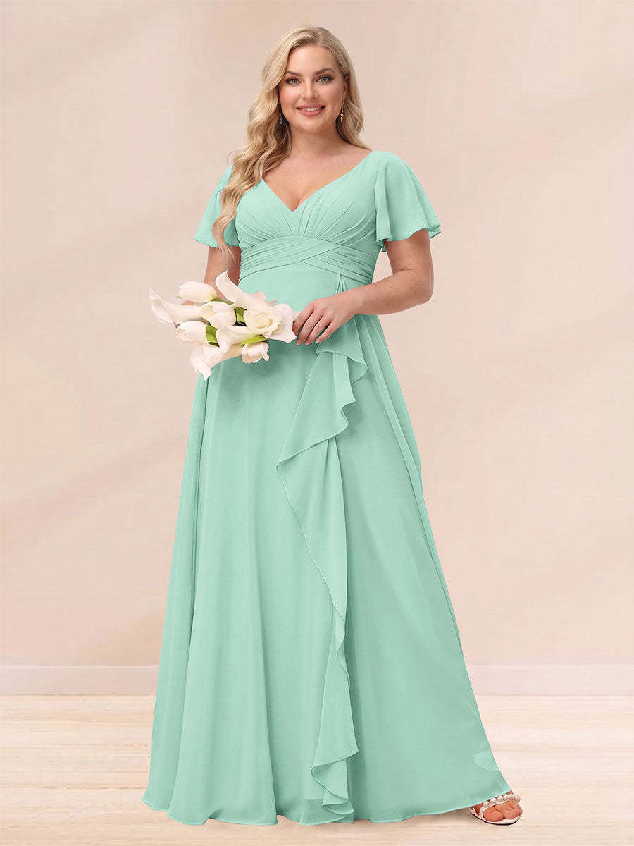 A Line Princess V Neck Long Plus size Bridesmaid Dresses with Ruffles