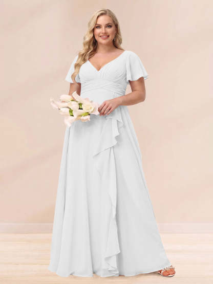 A Line Princess V Neck Long Plus size Bridesmaid Dresses with Ruffles