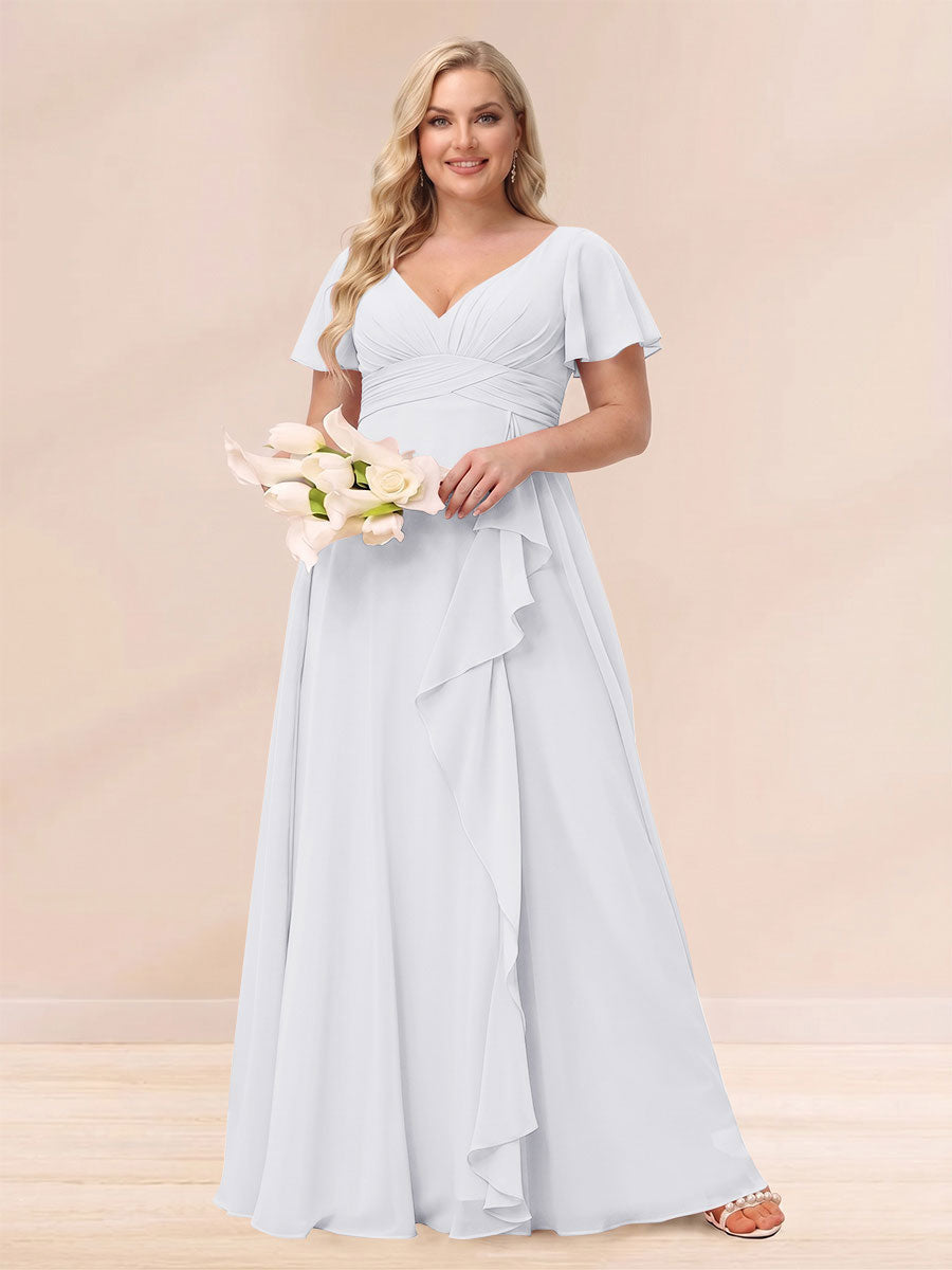 A Line Princess V Neck Long Plus size Bridesmaid Dresses with Ruffles