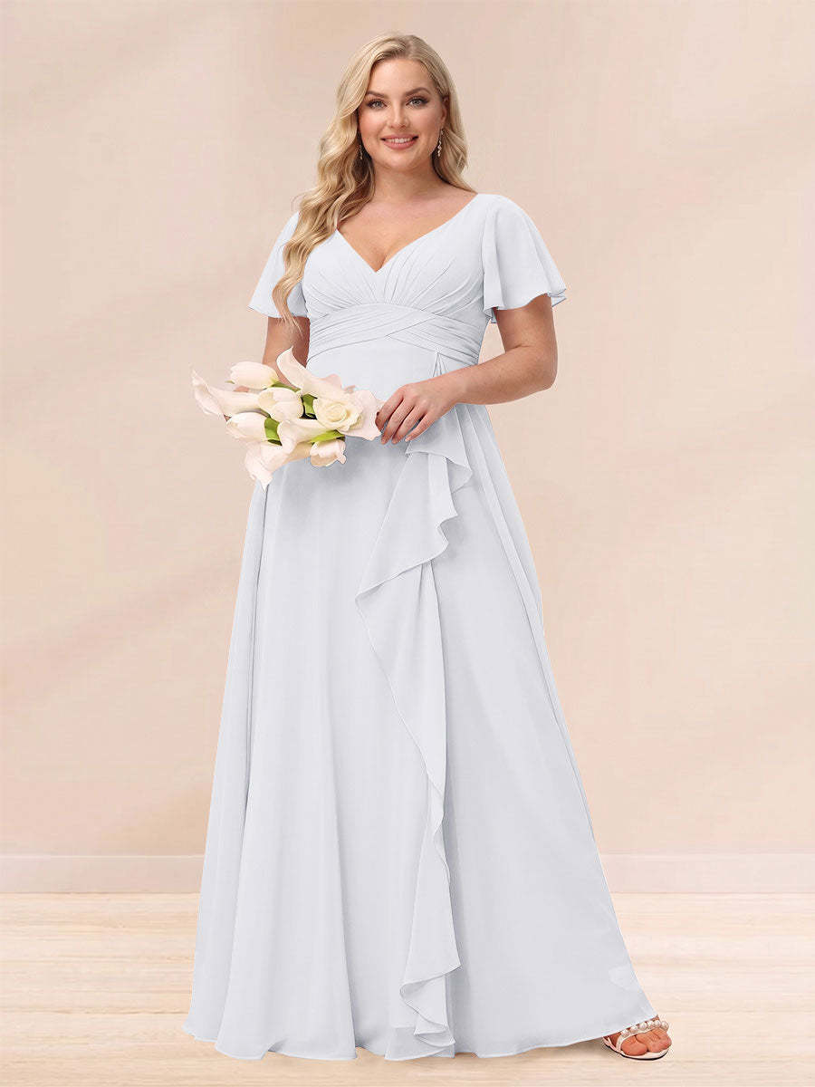 A Line Princess V Neck Long Plus size Bridesmaid Dresses with Ruffles