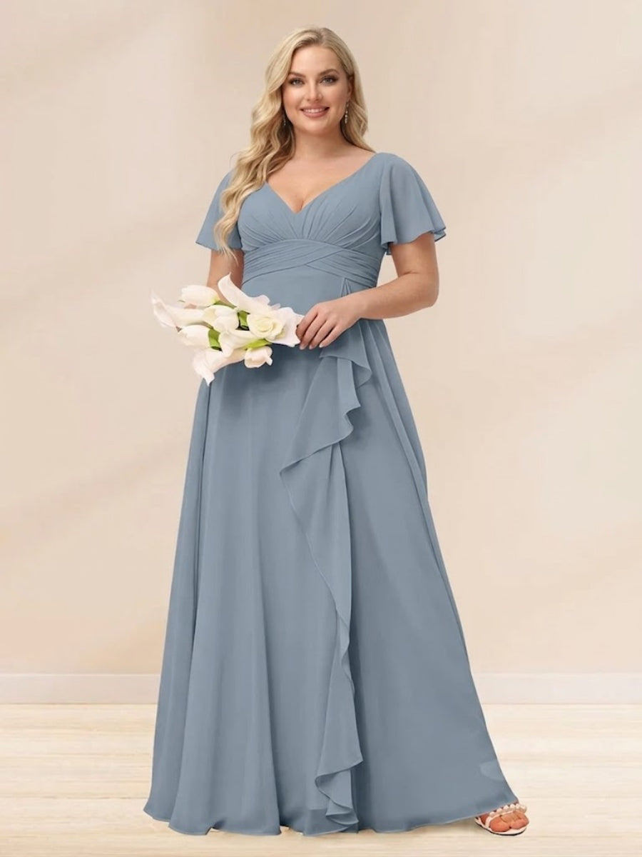 A Line Princess V Neck Long Plus size Bridesmaid Dresses with Ruffles