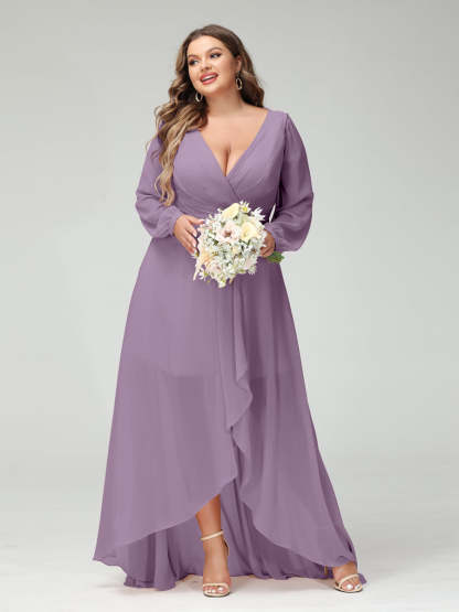 A-Line/Princess V-Neck Long Sleeves Chiffon Ruched Asymmetrical Plus Size Bridesmaid Dresses with Pockets