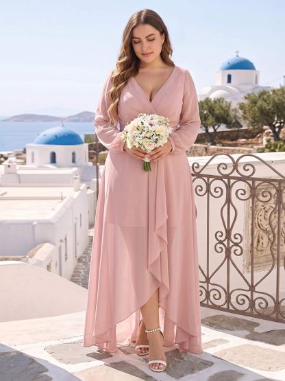 A-Line/Princess V-Neck Long Sleeves Chiffon Ruched Asymmetrical Plus Size Bridesmaid Dresses with Pockets