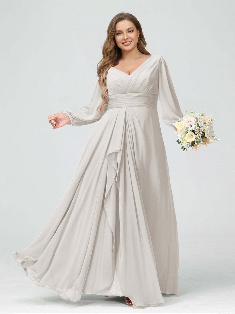 A-Line/Princess V-Neck Long Sleeves Chiffon Ruffles Plus Size Bridesmaid Dresses with Pockets