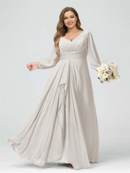 A-Line/Princess V-Neck Long Sleeves Chiffon Ruffles Plus Size Bridesmaid Dresses with Pockets