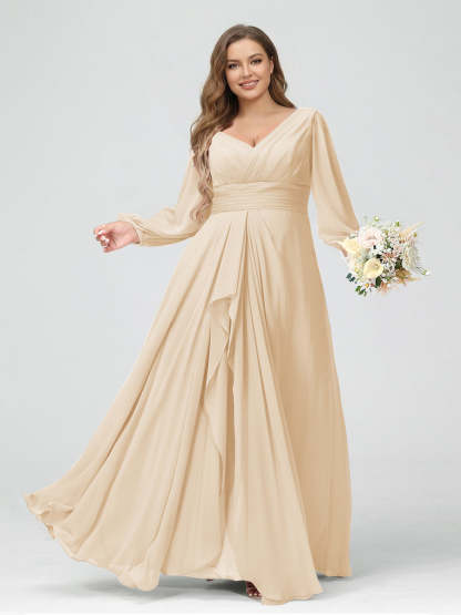 A-Line/Princess V-Neck Long Sleeves Chiffon Ruffles Plus Size Bridesmaid Dresses with Pockets