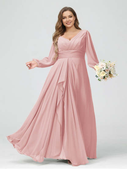 A-Line/Princess V-Neck Long Sleeves Chiffon Ruffles Plus Size Bridesmaid Dresses with Pockets
