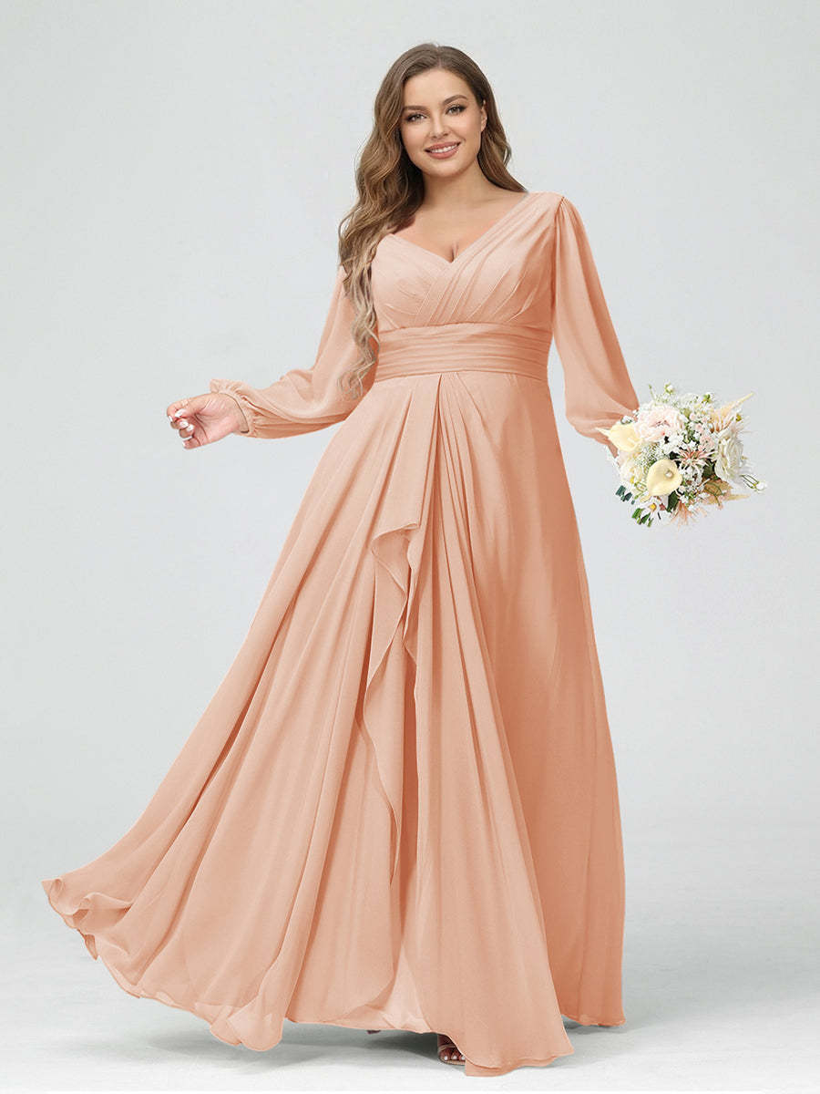 A-Line/Princess V-Neck Long Sleeves Chiffon Ruffles Plus Size Bridesmaid Dresses with Pockets
