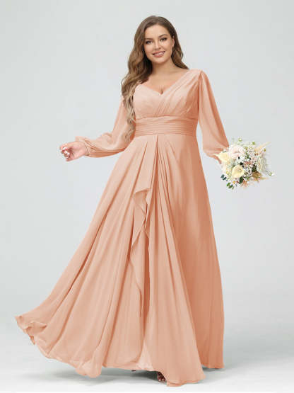 A-Line/Princess V-Neck Long Sleeves Chiffon Ruffles Plus Size Bridesmaid Dresses with Pockets