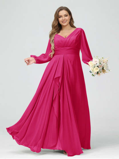 A-Line/Princess V-Neck Long Sleeves Chiffon Ruffles Plus Size Bridesmaid Dresses with Pockets