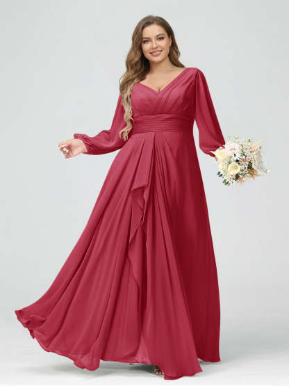 A-Line/Princess V-Neck Long Sleeves Chiffon Ruffles Plus Size Bridesmaid Dresses with Pockets