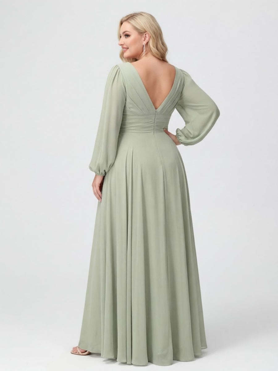 A-Line/Princess V-Neck Long Sleeves Chiffon Ruffles Plus Size Bridesmaid Dresses with Pockets