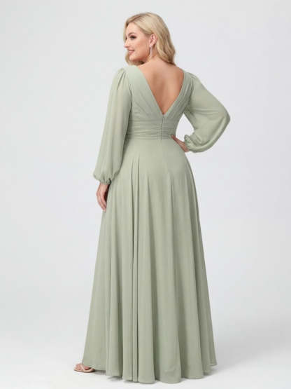 A-Line/Princess V-Neck Long Sleeves Chiffon Ruffles Plus Size Bridesmaid Dresses with Pockets