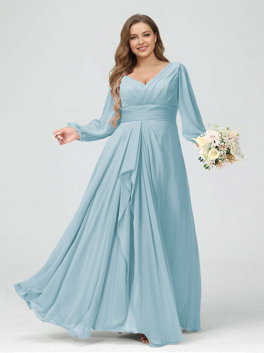 A-Line/Princess V-Neck Long Sleeves Chiffon Ruffles Plus Size Bridesmaid Dresses with Pockets