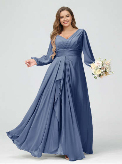 A-Line/Princess V-Neck Long Sleeves Chiffon Ruffles Plus Size Bridesmaid Dresses with Pockets
