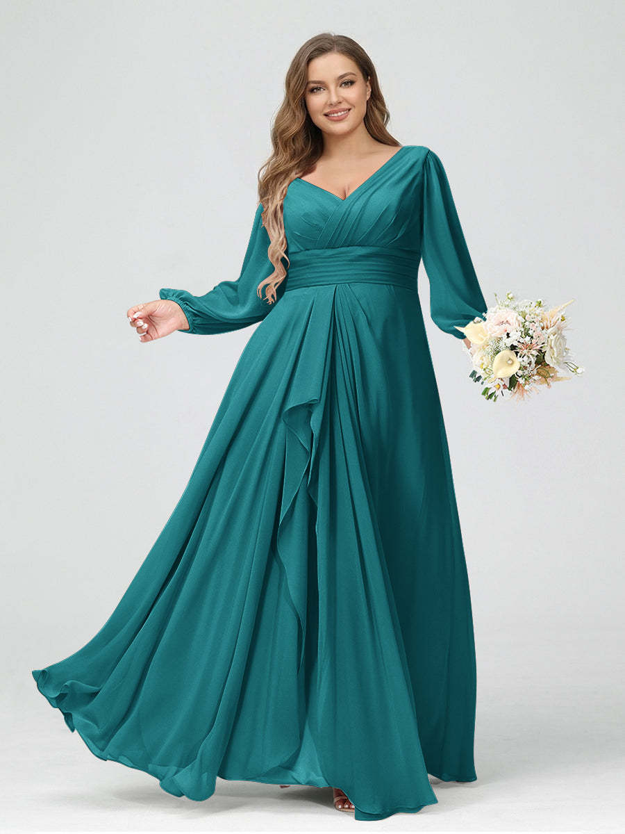 A-Line/Princess V-Neck Long Sleeves Chiffon Ruffles Plus Size Bridesmaid Dresses with Pockets