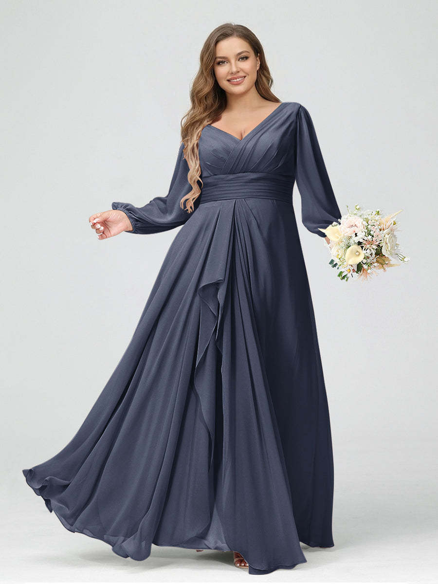 A-Line/Princess V-Neck Long Sleeves Chiffon Ruffles Plus Size Bridesmaid Dresses with Pockets