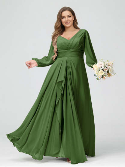 A-Line/Princess V-Neck Long Sleeves Chiffon Ruffles Plus Size Bridesmaid Dresses with Pockets