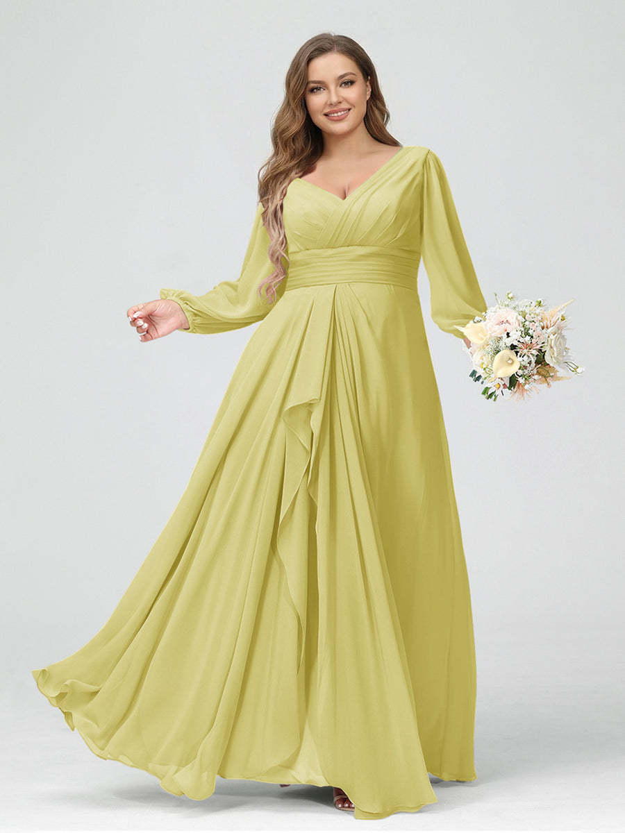 A-Line/Princess V-Neck Long Sleeves Chiffon Ruffles Plus Size Bridesmaid Dresses with Pockets