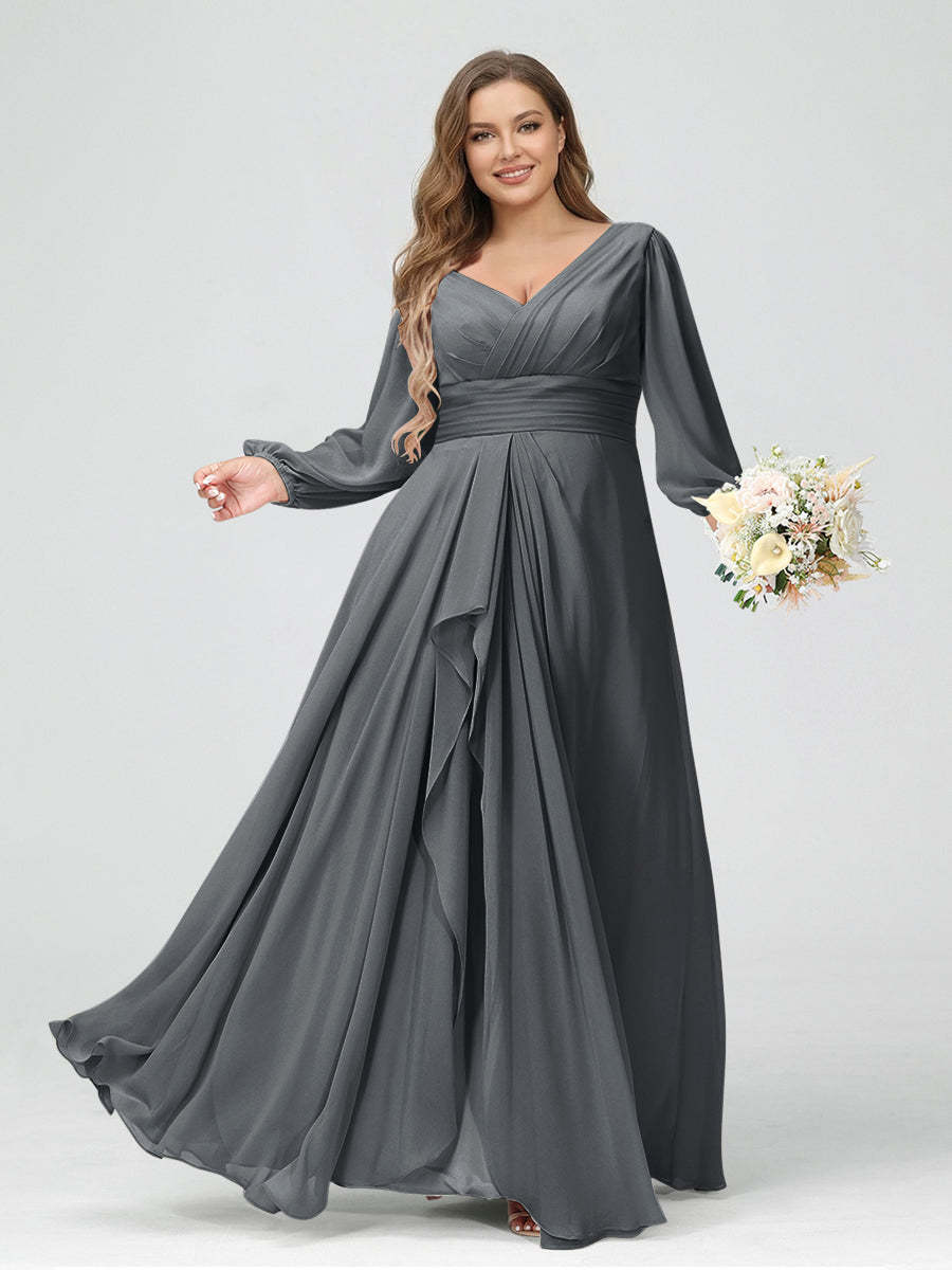 A-Line/Princess V-Neck Long Sleeves Chiffon Ruffles Plus Size Bridesmaid Dresses with Pockets