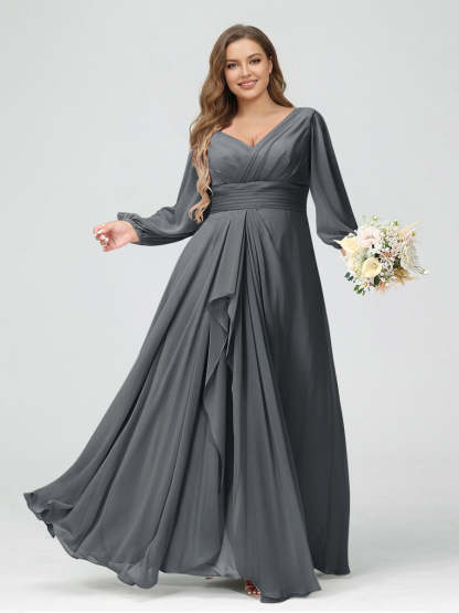 A-Line/Princess V-Neck Long Sleeves Chiffon Ruffles Plus Size Bridesmaid Dresses with Pockets