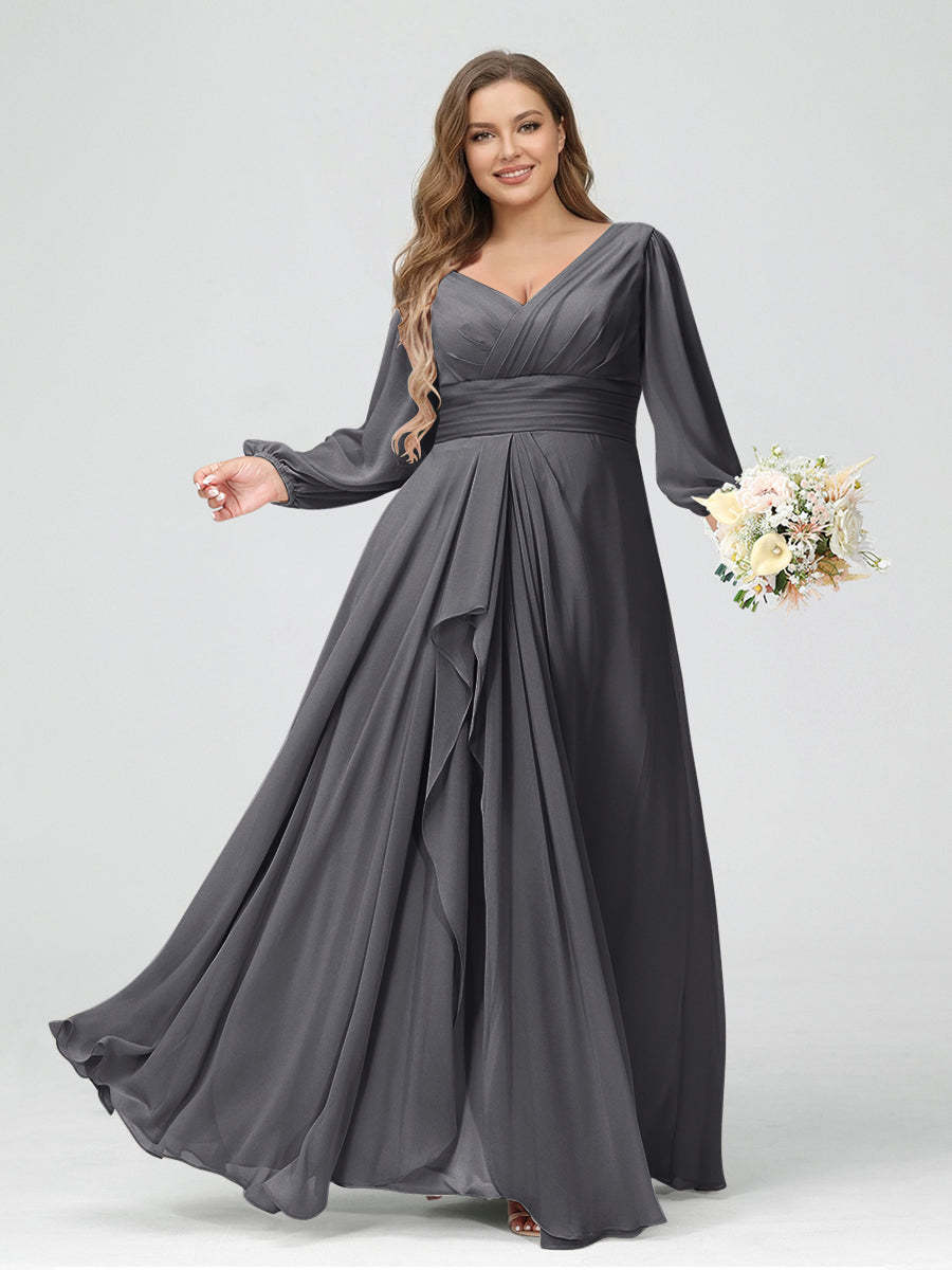A-Line/Princess V-Neck Long Sleeves Chiffon Ruffles Plus Size Bridesmaid Dresses with Pockets