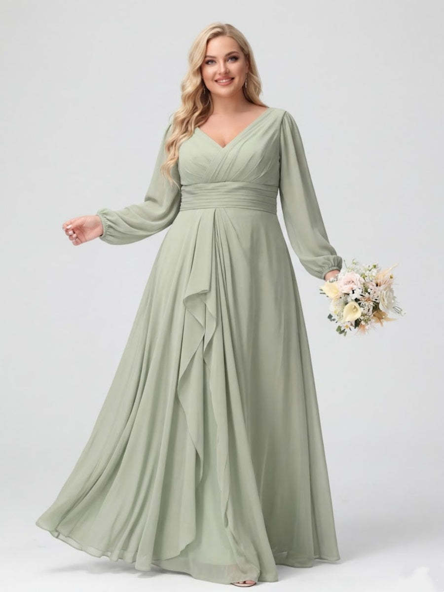 A-Line/Princess V-Neck Long Sleeves Chiffon Ruffles Plus Size Bridesmaid Dresses with Pockets
