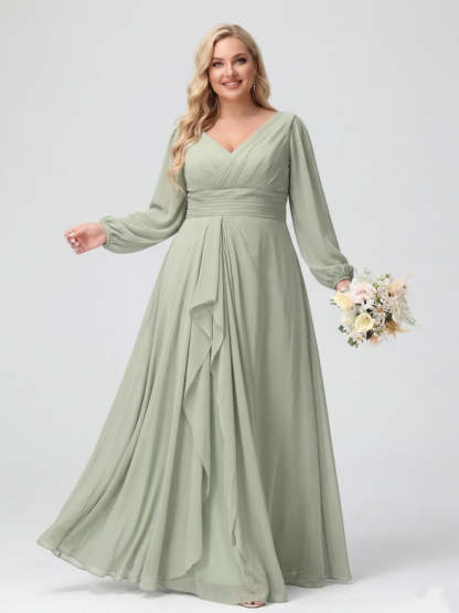 A-Line/Princess V-Neck Long Sleeves Chiffon Ruffles Plus Size Bridesmaid Dresses with Pockets