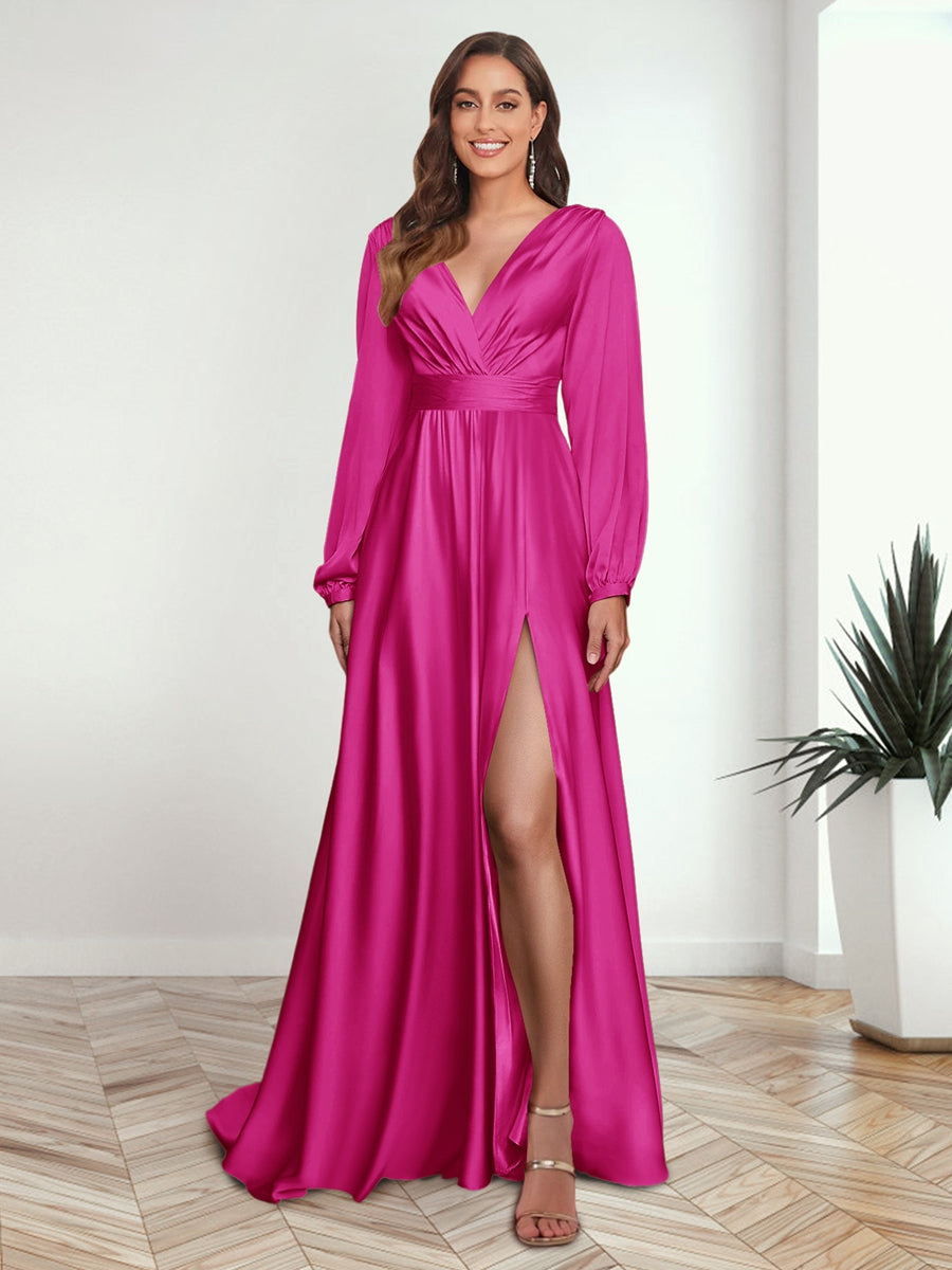 A Line Princess V Neck Long Sleeves FLoor Length Formal Dresses with Split Side