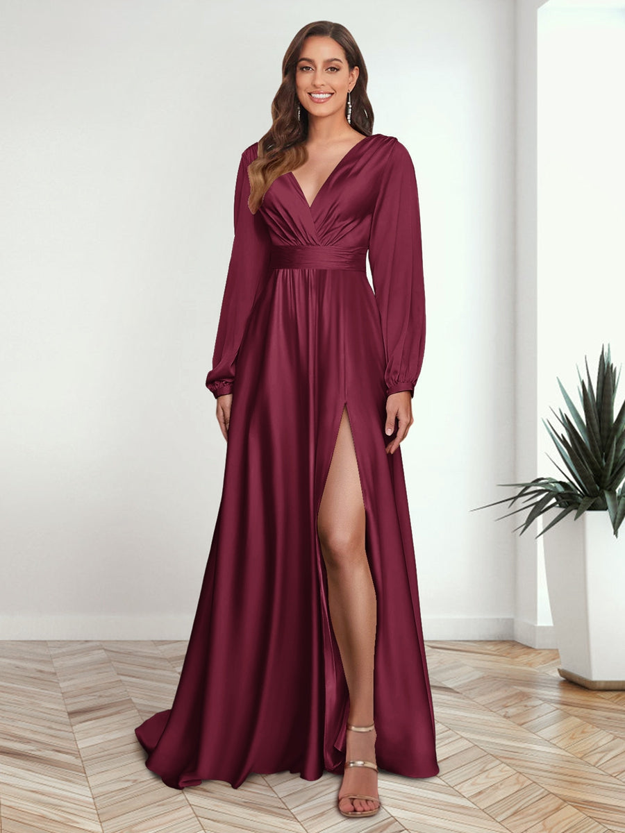 A Line Princess V Neck Long Sleeves FLoor Length Formal Dresses with Split Side