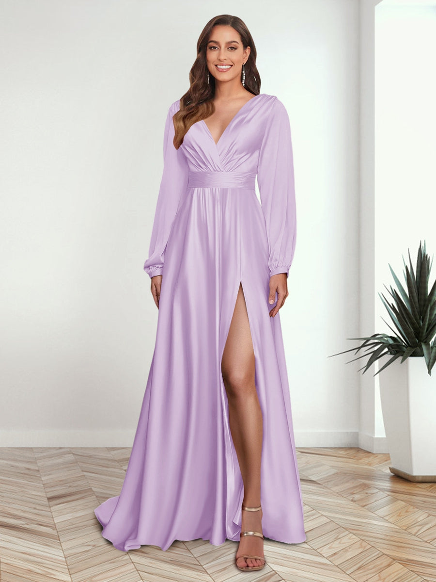 A Line Princess V Neck Long Sleeves FLoor Length Formal Dresses with Split Side