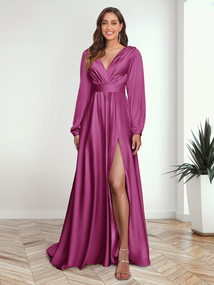 A Line Princess V Neck Long Sleeves FLoor Length Formal Dresses with Split Side