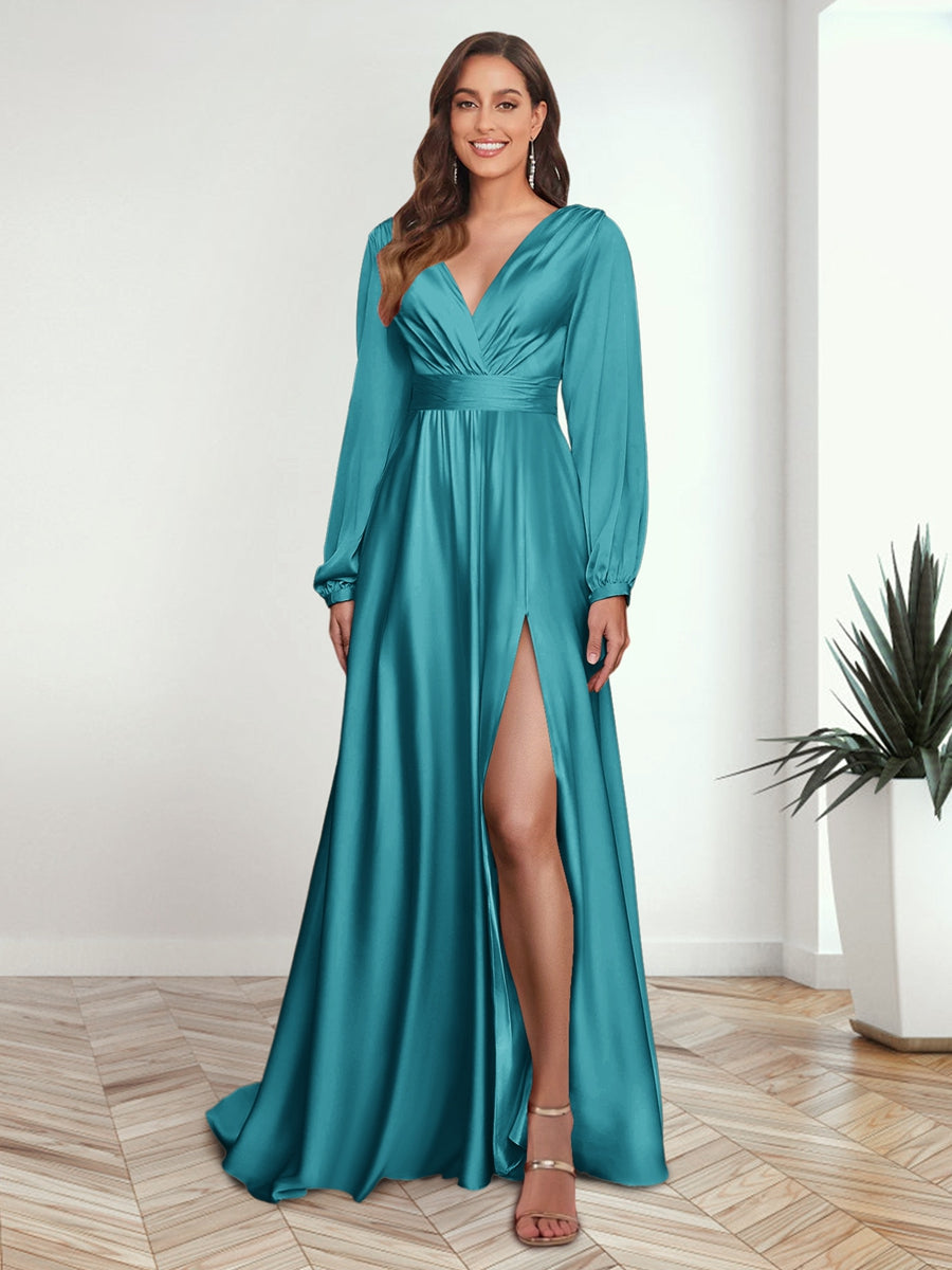 A Line Princess V Neck Long Sleeves FLoor Length Formal Dresses with Split Side