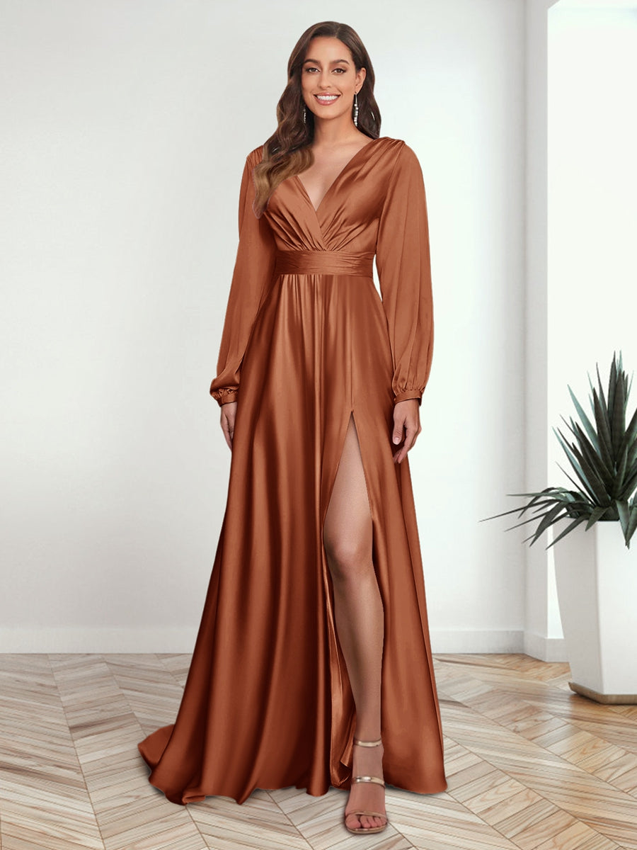 A Line Princess V Neck Long Sleeves FLoor Length Formal Dresses with Split Side