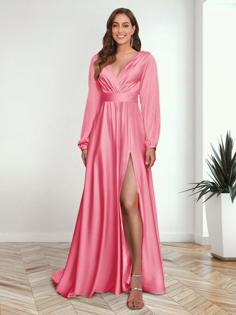 A Line Princess V Neck Long Sleeves FLoor Length Formal Dresses with Split Side