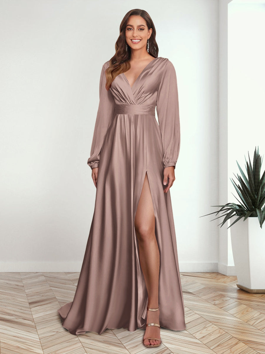 A Line Princess V Neck Long Sleeves FLoor Length Formal Dresses with Split Side