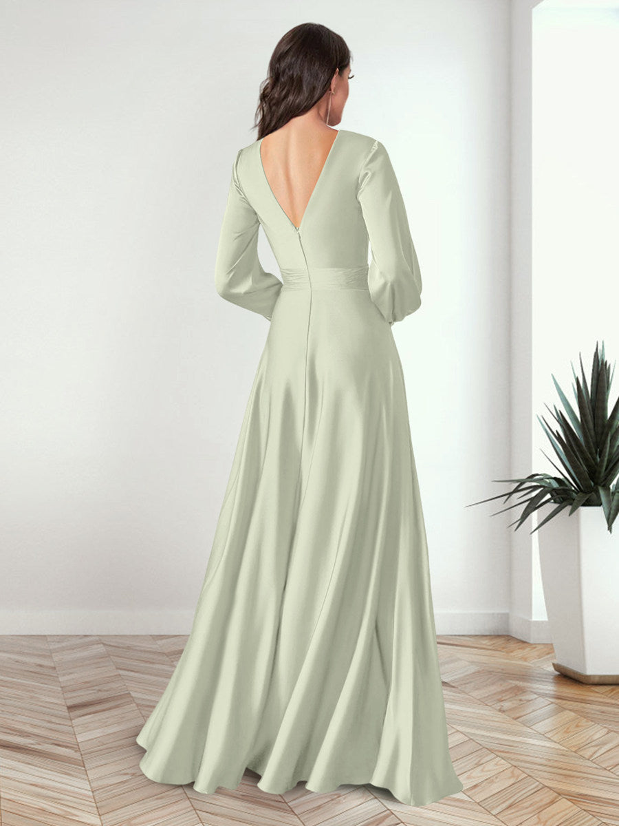 A Line Princess V Neck Long Sleeves FLoor Length Formal Dresses with Split Side