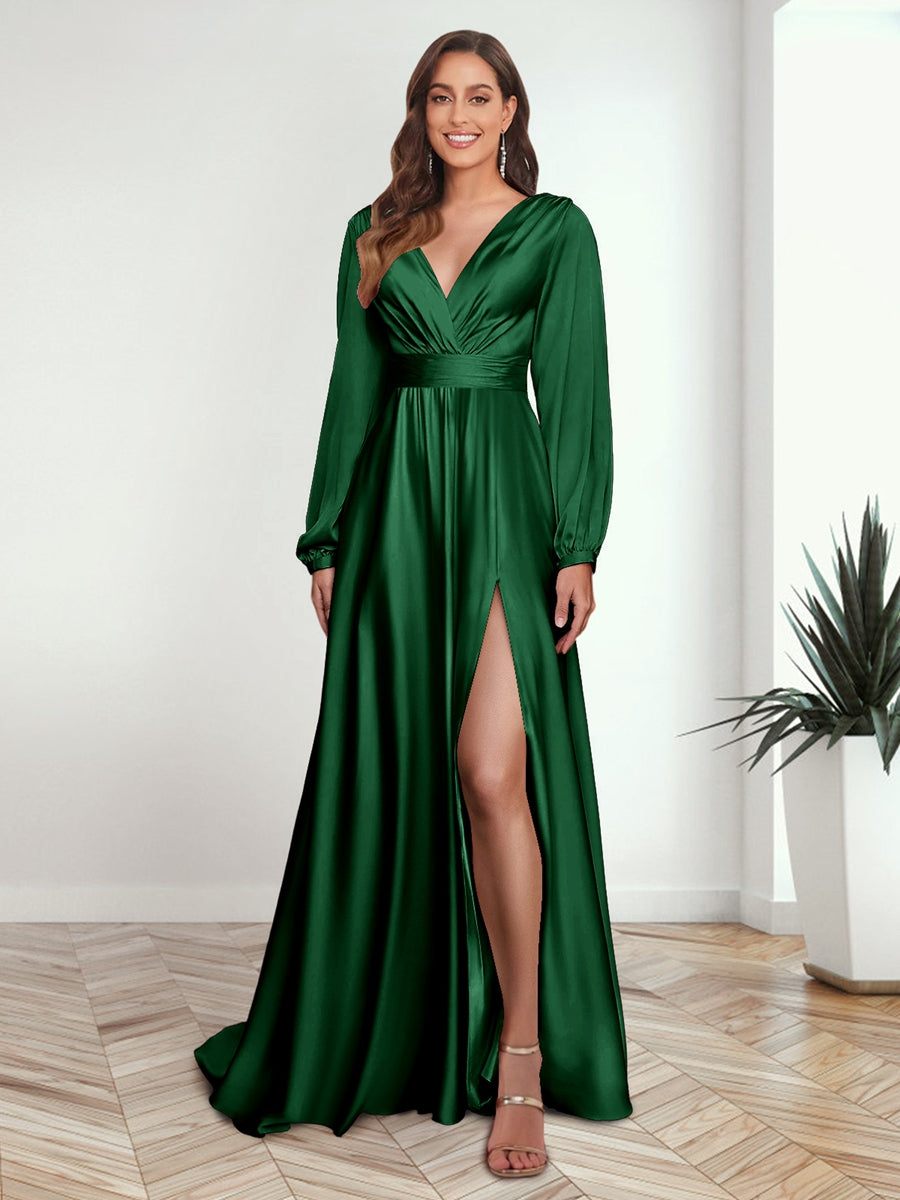 A Line Princess V Neck Long Sleeves FLoor Length Formal Dresses with Split Side