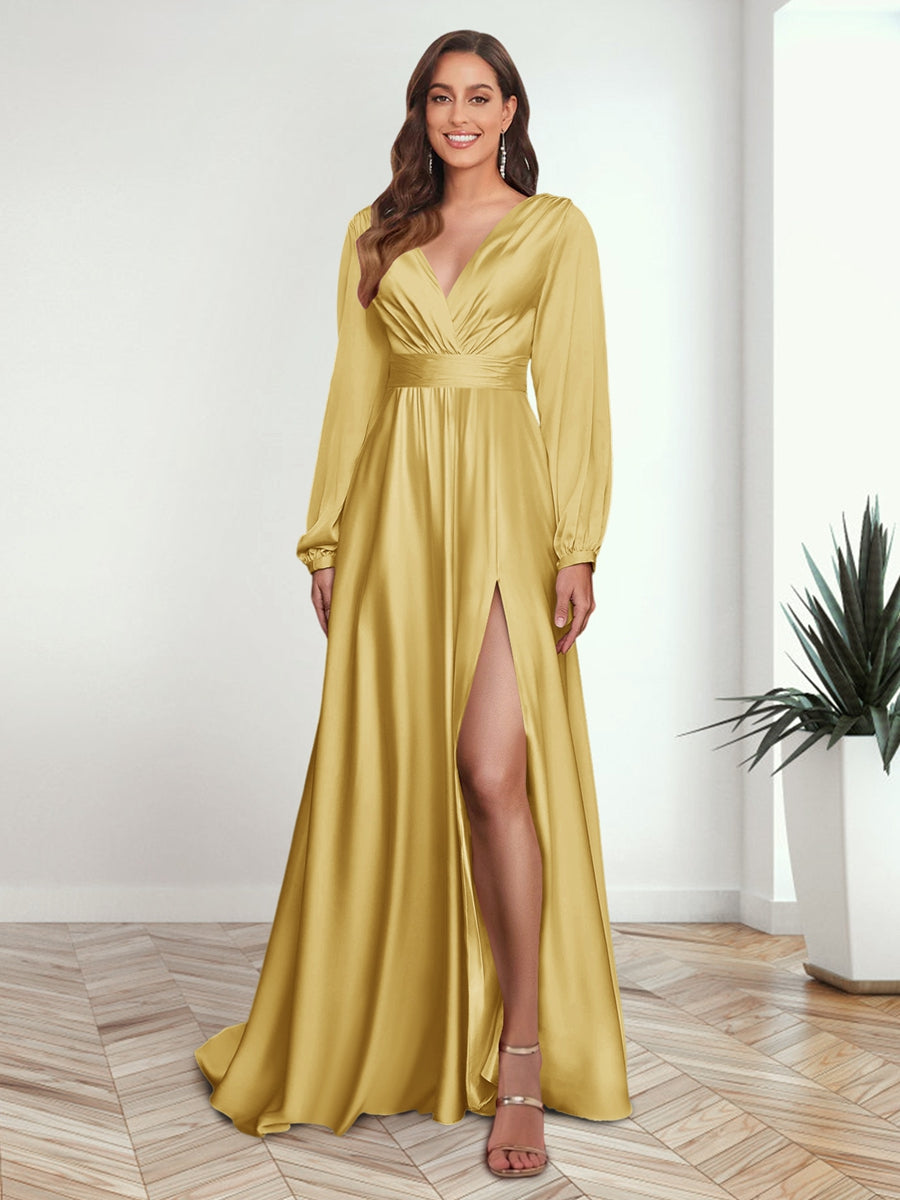 A Line Princess V Neck Long Sleeves FLoor Length Formal Dresses with Split Side