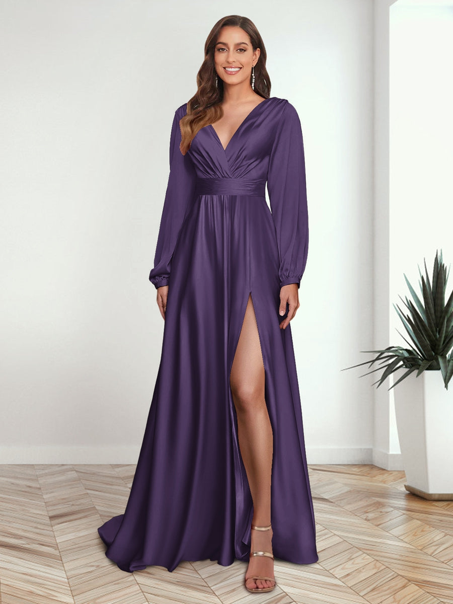 A Line Princess V Neck Long Sleeves FLoor Length Formal Dresses with Split Side