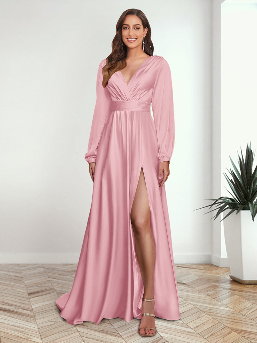 A Line Princess V Neck Long Sleeves FLoor Length Formal Dresses with Split Side