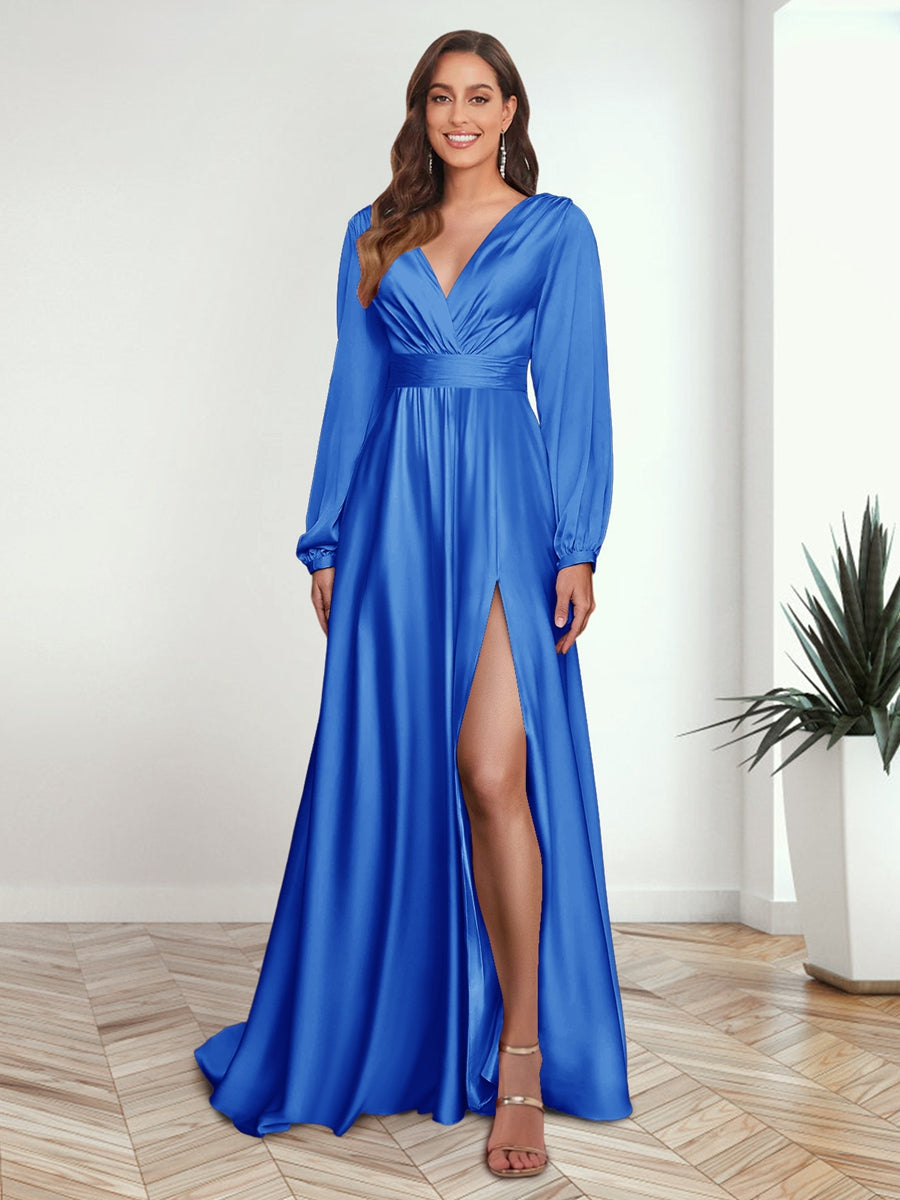 A Line Princess V Neck Long Sleeves FLoor Length Formal Dresses with Split Side