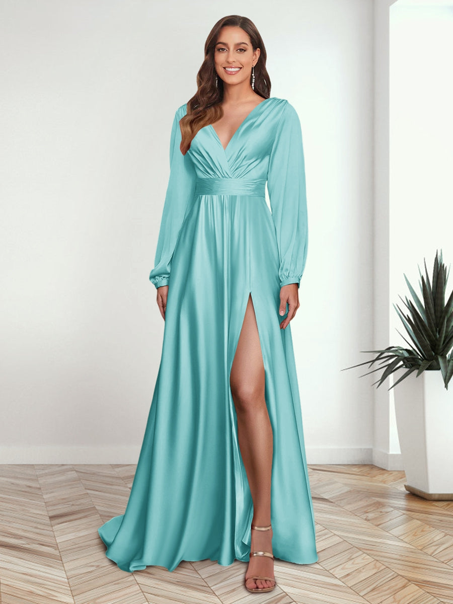 A Line Princess V Neck Long Sleeves FLoor Length Formal Dresses with Split Side