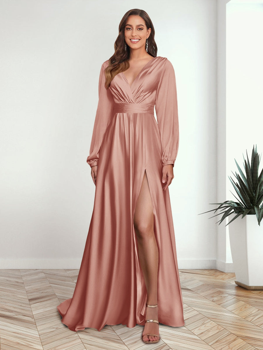 A Line Princess V Neck Long Sleeves FLoor Length Formal Dresses with Split Side