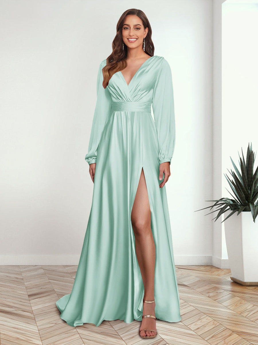 A Line Princess V Neck Long Sleeves FLoor Length Formal Dresses with Split Side