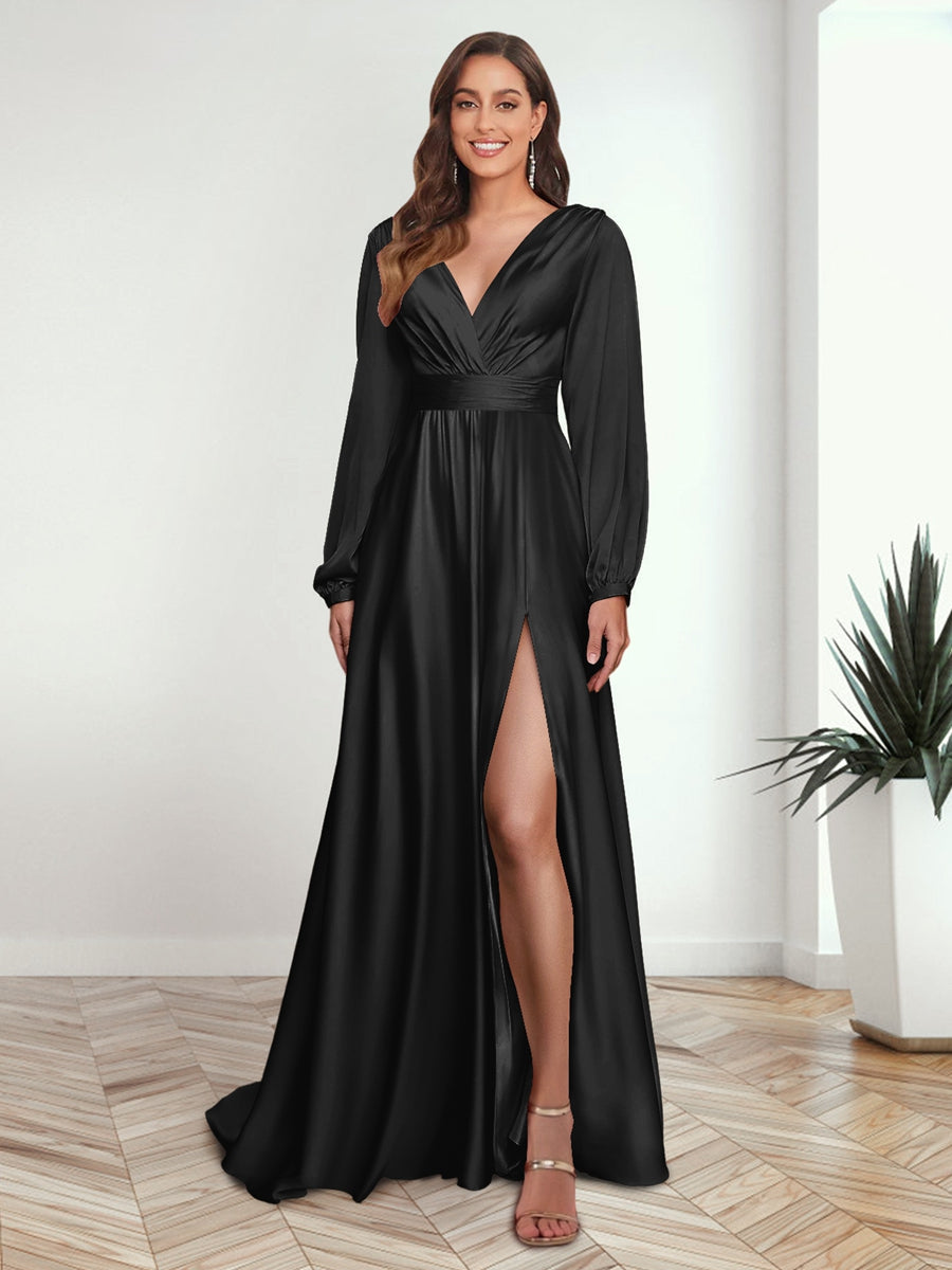 A Line Princess V Neck Long Sleeves FLoor Length Formal Dresses with Split Side