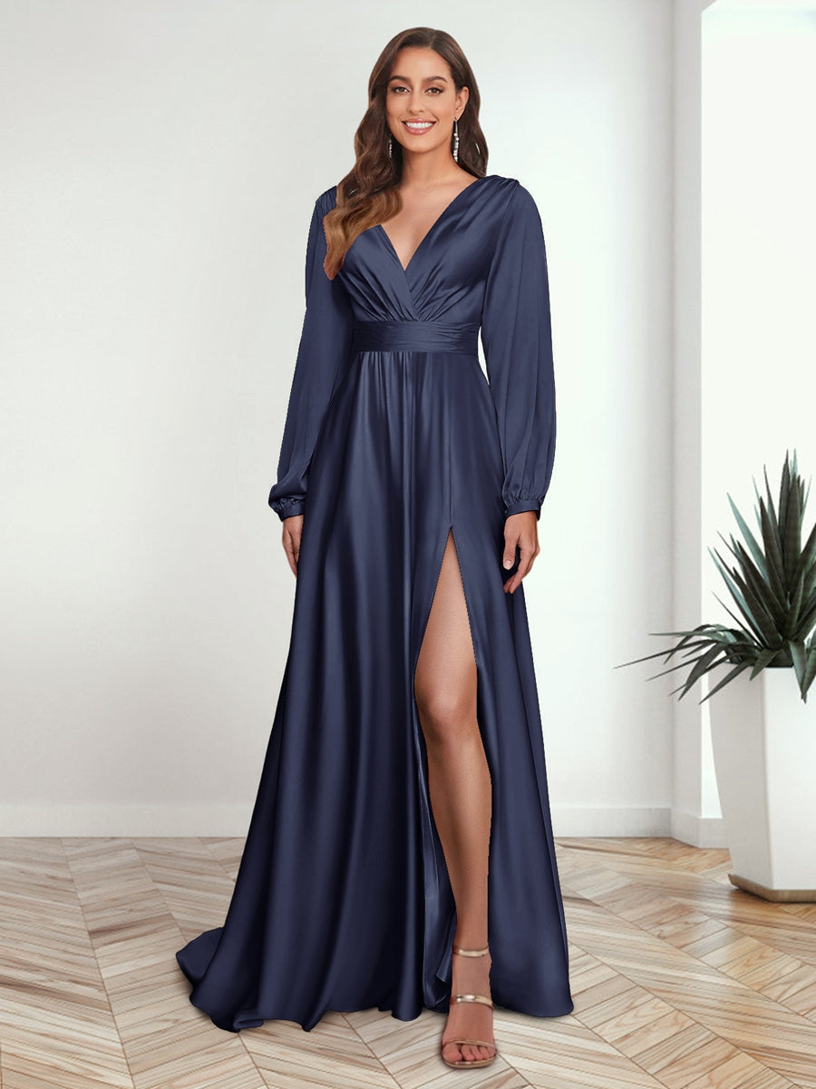 A Line Princess V Neck Long Sleeves FLoor Length Formal Dresses with Split Side