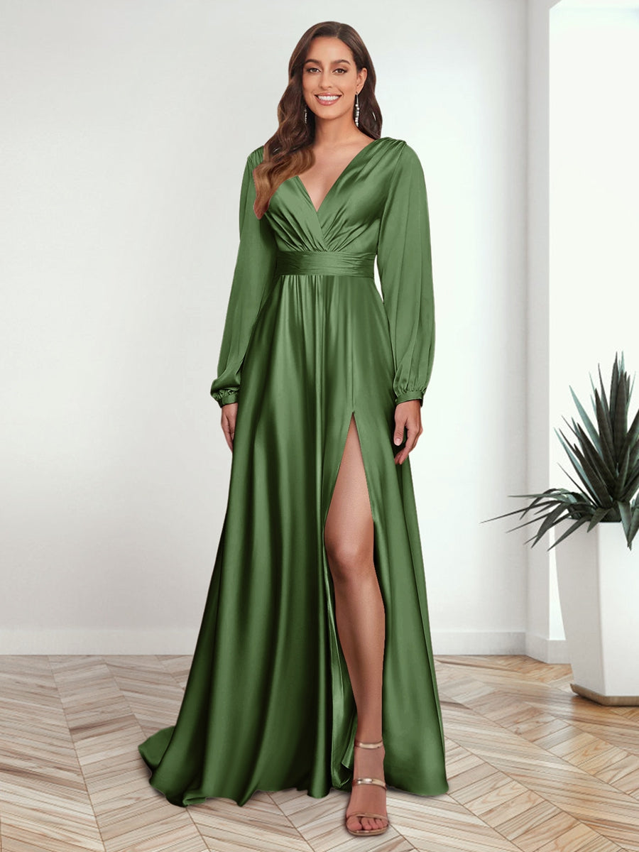 A Line Princess V Neck Long Sleeves FLoor Length Formal Dresses with Split Side