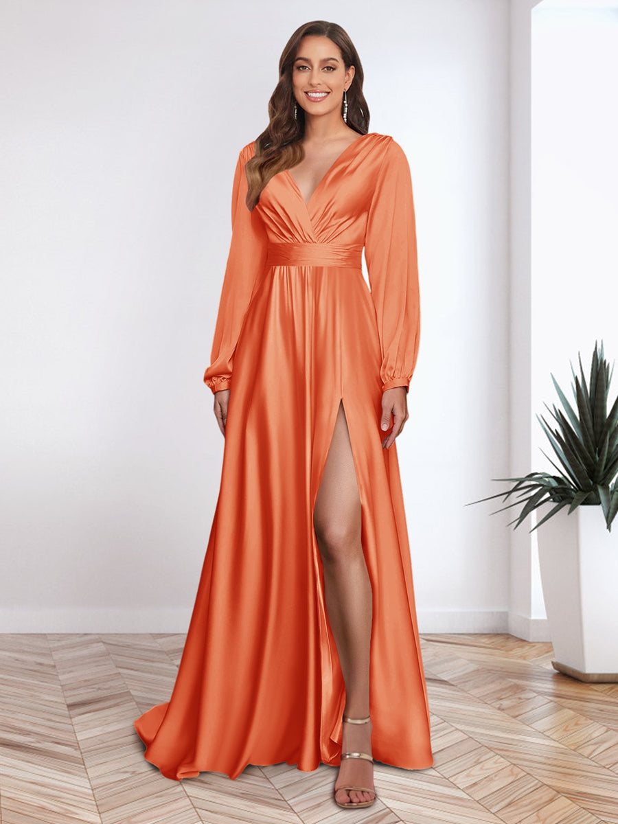 A Line Princess V Neck Long Sleeves FLoor Length Formal Dresses with Split Side
